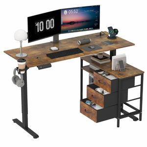 Advwin L Shaped Electric Sit Stand Desk with Cabinet Set Power Hub Rustic Brown