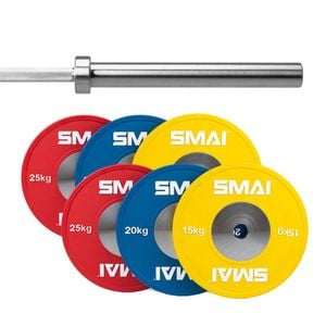 Smai Competition Bumper Plate Set With Barbell - 120kg + 20kg Silver Barbell (bearing)