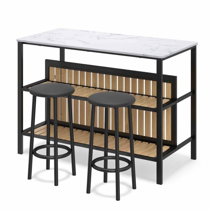 Costway 3pc Dining Table Chairs Set Kitchen Island 2 Bar Stool Shelf