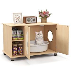 Costway Cat Litter Box Enclosure Hidden Cat Washroom 2 Scratch Doors