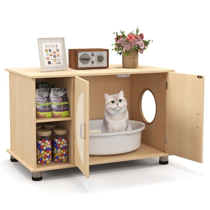 Costway Cat Litter Box Enclosure Hidden Cat Washroom 2 Scratch Doors