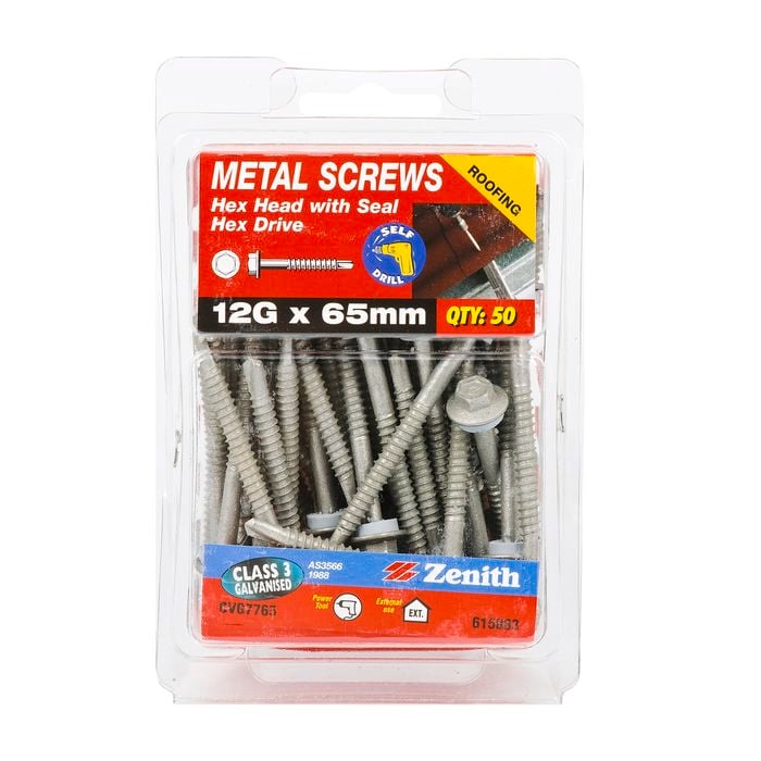 Zenith 12G x 65mm Galvanised Hex Head With Seal Metal Screws - 50 Pack