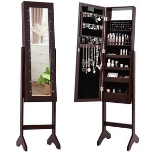 Costway Mirror Jewellery Cabinet Wooden Jewelry Organiser Box Makeup Cosmetics Storage  Brown