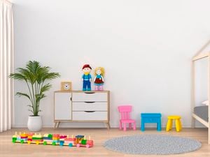 Child's bedroom with a toy train on the ground