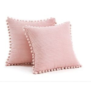 Catzon 2 Pcs Boho Decorative Throw Pillow Covers with Pom-poms for Sofa-Pink