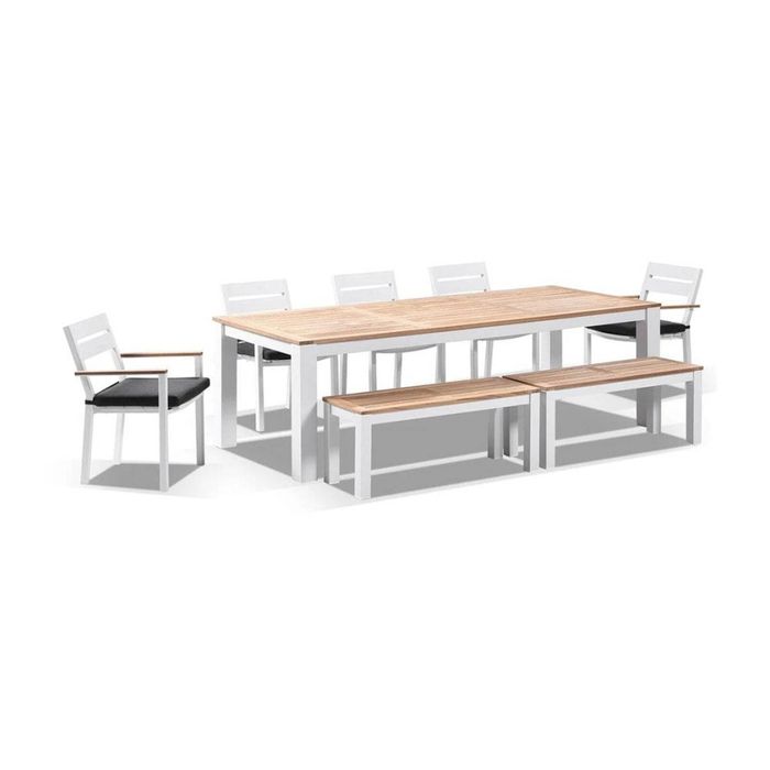 Balmoral 2.5M Teak Top Aluminium Table With 2 Bench Seats And 5 Chairs