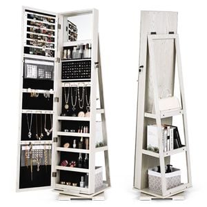 Costway Rotating Jewelry Cabinet Organizer Jewellery Storage Shelf W/full-length Mirror 
White