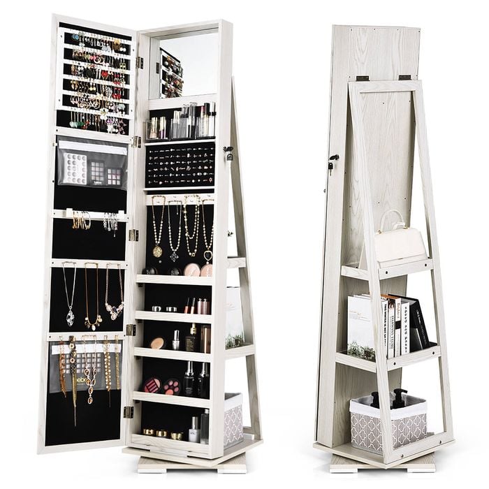 Costway Rotating Jewelry Cabinet Organizer Jewellery Storage Shelf W/full-length Mirror 
White