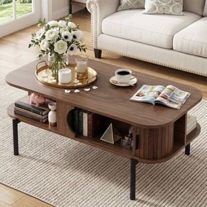 Homfurn Coffee Table With Storage Shelves, Multifunctional Side Cabinet, Fluted Panel, Walnut