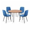 Foret Round Dining Table Set 4 Blue Fabric Chairs Wood Top Hairpin Legs