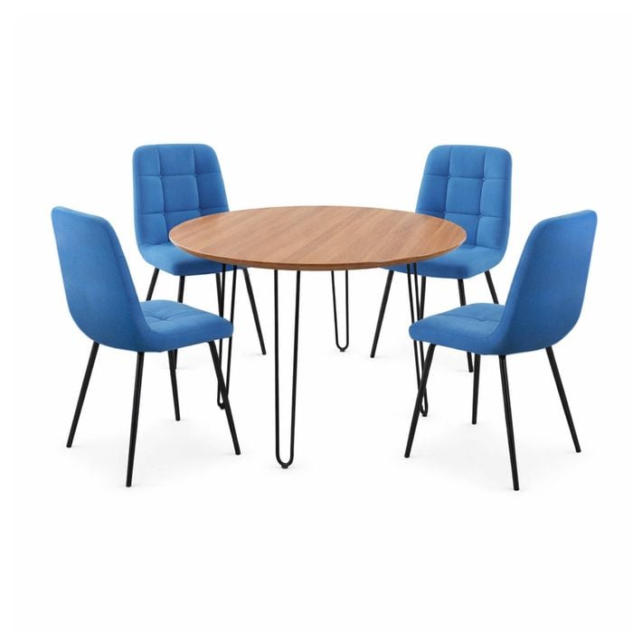 Foret Round Dining Table Set 4 Blue Fabric Chairs Wood Top Hairpin Legs