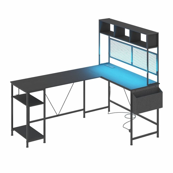 Advwin 170cm L Shaped Gaming Desk with LED Lights & Power Outlets Reversible Storage Shelf Computer Corner Desk Black
