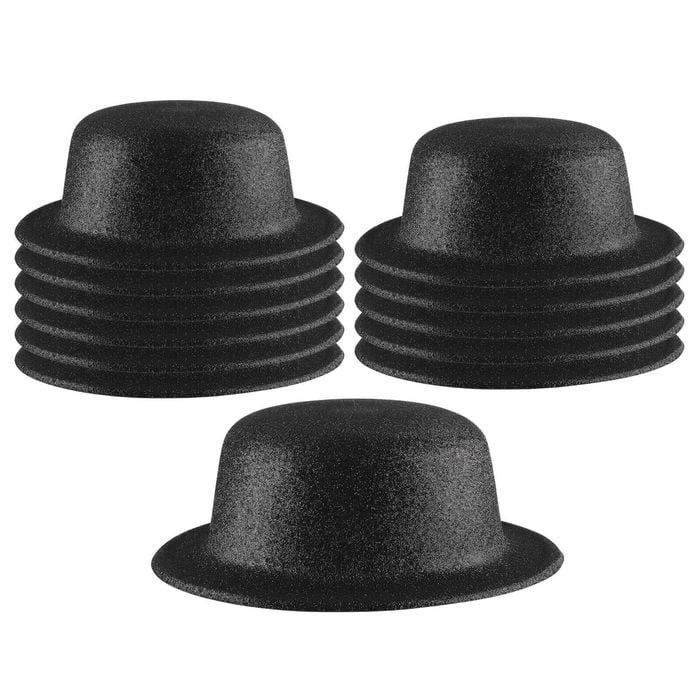 12x GLITTER BOWLER HAT Fancy Party Plastic Costume Cap Fun Dress Up Sparkle BULK Black