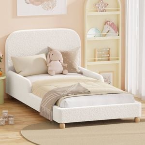 Oikiture Kids Bed Frame Single Side Guard Rails Boucle White