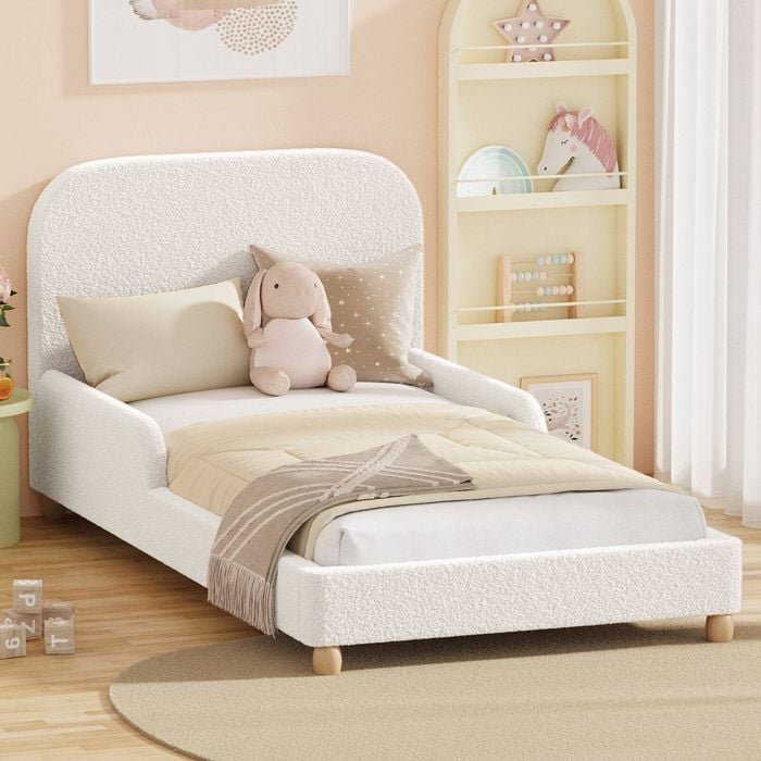 Oikiture Kids Bed Frame Single Side Guard Rails Boucle White