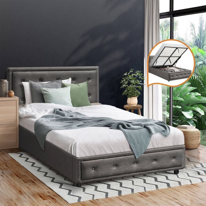 Oikiture Bed Frame King Single Size Gas Lift Grey ENZO