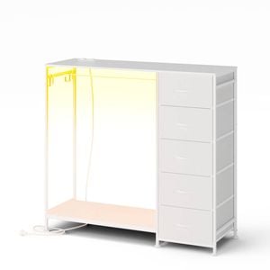 Ufurniture Fabric Chest of Drawers with Hanging Rack Dresser with Clothes Rack LED Lights Charging Station White