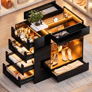 Advwin Glossy Closet Island with 8 Drawers, Glass Tabletop & LED Lights, Black Wardrobe Armoire for Walk-in Closet