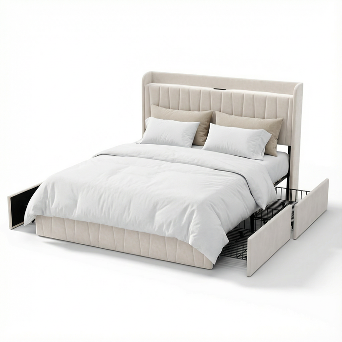 Advwin Bed Frame Double Size with 4 Storage Drawers & Charging Station Biege