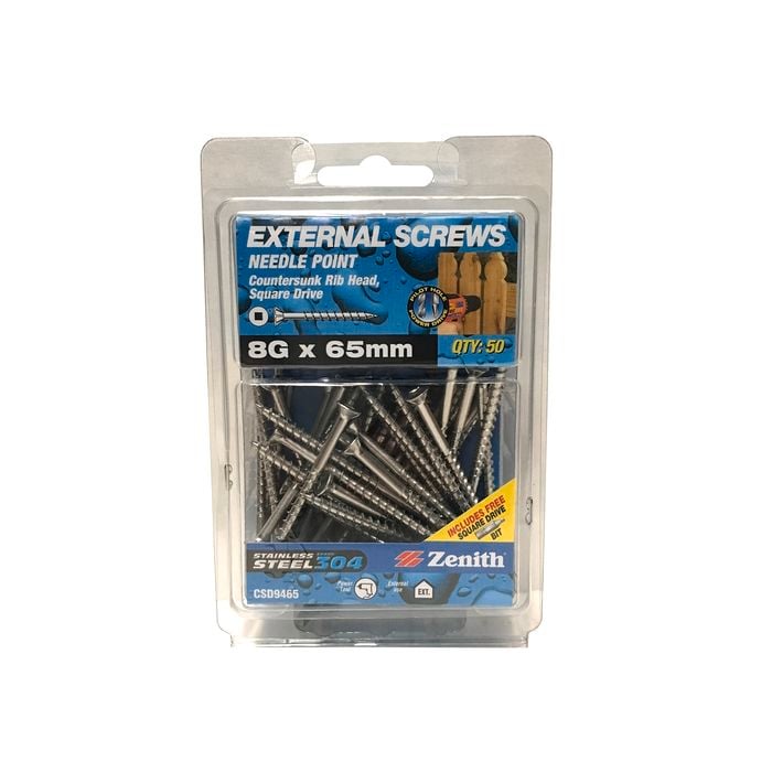 Zenith 8G x 65mm Stainless Steel 304 Square Drive External Screw - 50 Pack