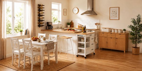 Dining room featuring a white dining setting, timber cabinetry, kitchen island cart and warm natural light from large windows.