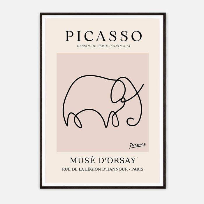 Galrie Picasso Minimalist Elephant Art Print - Iconic Line Drawing for Home Decor, Black Frame, A4 21 x 30cm (8 x 12inch)