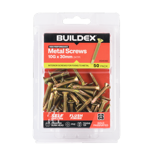 Buildex 10G x 30mm Gold Passivated Sheet Metal Screws - 50 Pack