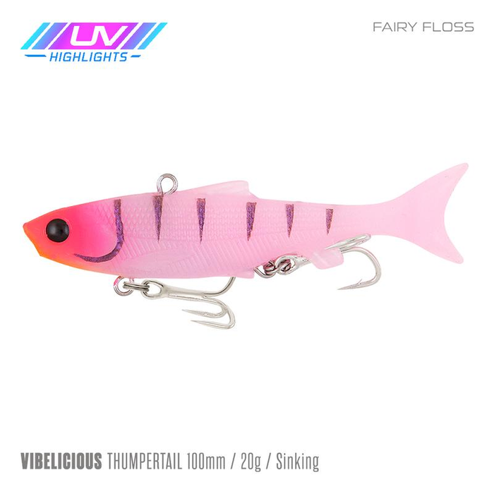 Samaki Vibelicious Thumper Tail 100mm Vibe Fishing Lure Fairy Floss UV