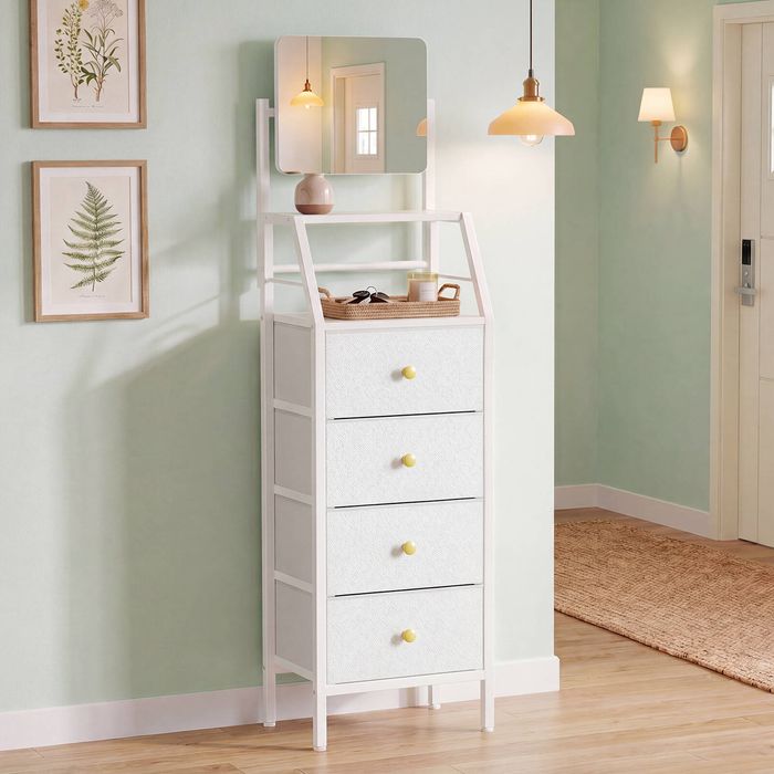 Advwin Vanity Desk with Mirror Nightstand with 4 Drawers 2-Tier Shelves White