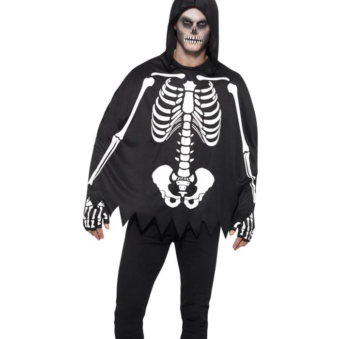 Skeleton Print Mens Halloween Costume Poncho And Gloves Set