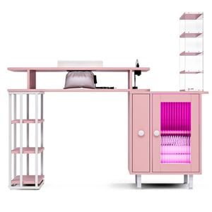 Ufurniture Nail Desk Manicure Table with Dust Collector, Removable Acrylic Shelf, LED Light, Charging Station Pink