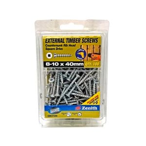 Zenith 8 - 10 x 40mm Galvanised Square Drive Countersunk Ribbed Head Timber Screws - 100 Pack