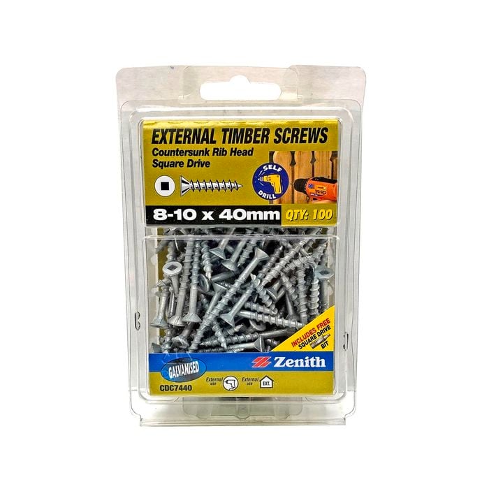 Zenith 8 - 10 x 40mm Galvanised Square Drive Countersunk Ribbed Head Timber Screws - 100 Pack