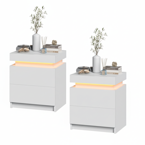 Advwin Bedside Table Set of 2 LED Nightstand 2 Drawers Lift Up Storage White
