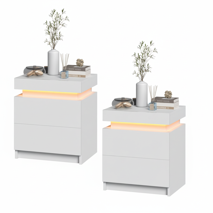Advwin Bedside Table Set of 2 LED Nightstand 2 Drawers Lift Up Storage White