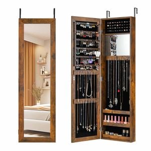 Costway Wall/door Mounted Jewelry Organizer W/mirror Shelves Brown