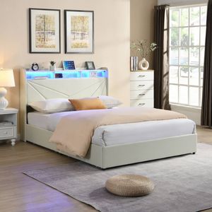 HOMFURN Queen Size Upholstered Bed Frame with 4 Storage Drawers，USB Charging Station and Led Lights.