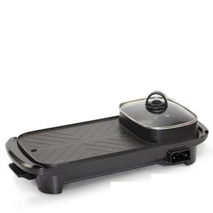 2-in-1 Electric Non-Stick BBQ Grill and Hotpot in black square pot
