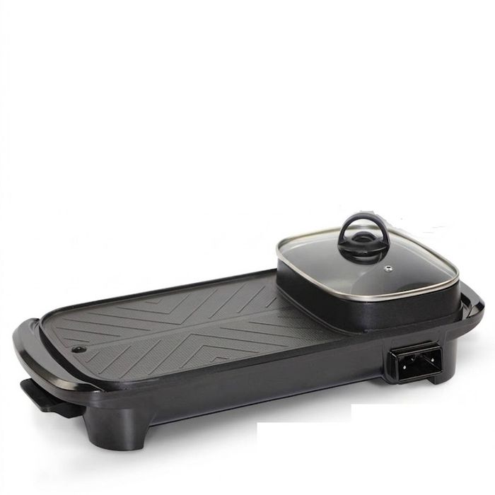 2-in-1 Electric Non-Stick BBQ Grill and Hotpot in black square pot