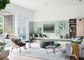 Living room with mint green painted wall, seating and indoor plants
