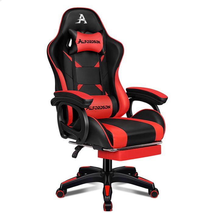 ALFORDSON Chaise de bureau avec massage, fauteuil gamer, ergonomique, avec repose-pieds, coussin lombaire pivotant, capacité de charge de 180 kg, rouge