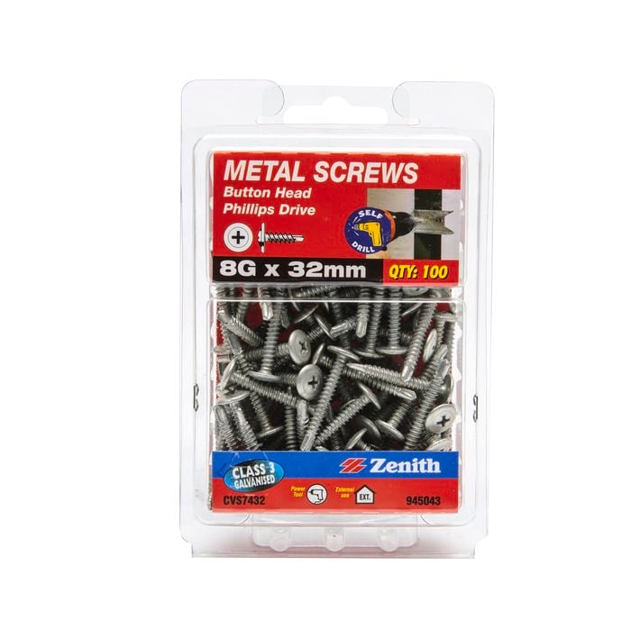 Zenith 8G x 32mm Galvanised Button Head Metal Screws - 100 Pack