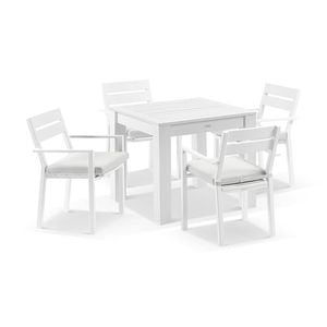 Santorini Outdoor 4 Seater Square Aluminium Dining Table White With Chairs & Textured Olefin Grey Cushions