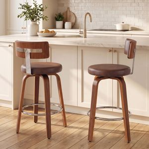 Advwin Bar Stools Set of 2 Kitchen Stools with Back and Metal Footrest Swivel Counter Stools Brown