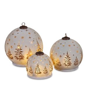 Christabelle 3 White Glass Christmas LED Light Up Spheres Gold Forest Table Decor Xmas Ornaments Battery Operated