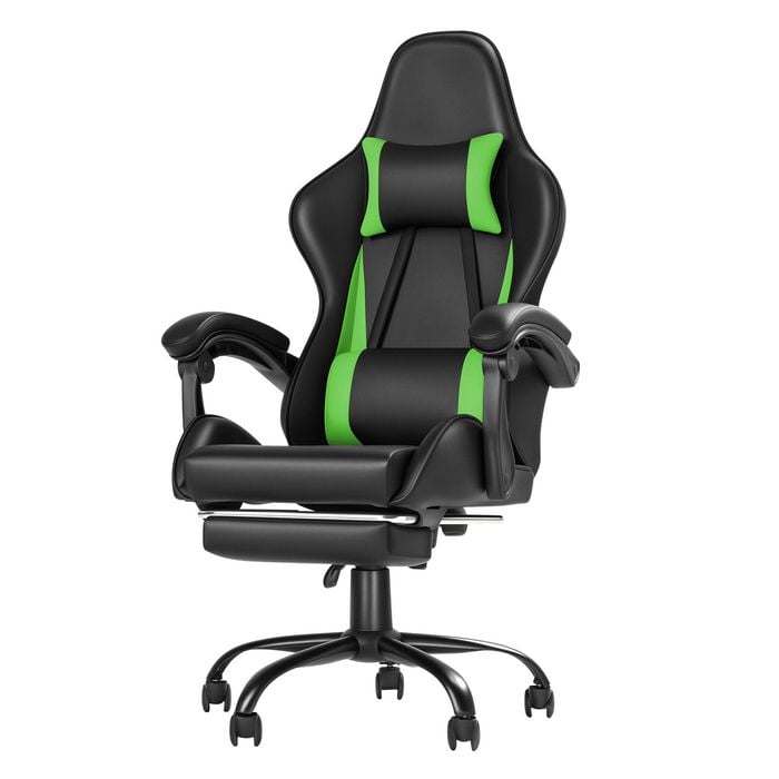 Advwin Gaming Chair Lumbar Cushion Racing Style Footrest Black Green