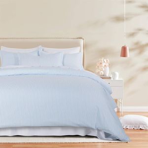 CleverPolly Yarn-Dyed Microfibre Stripe Quilt Cover Set - Blue, Queen
