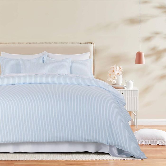 CleverPolly Yarn-Dyed Microfibre Stripe Quilt Cover Set - Blue, Queen