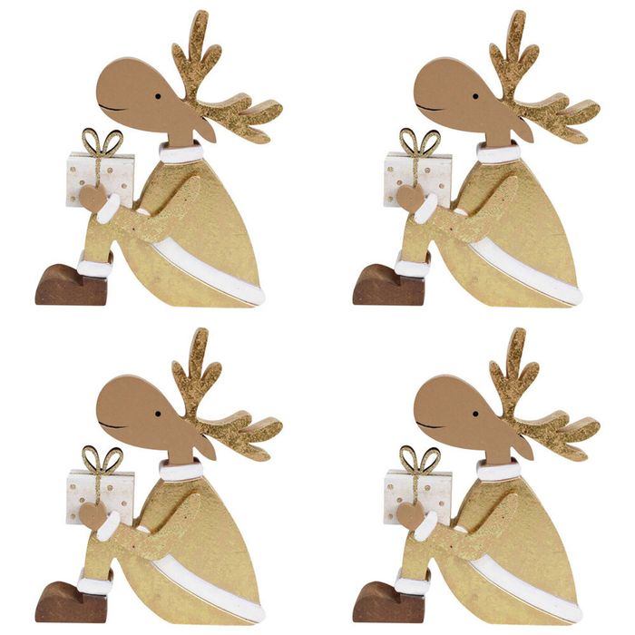 4x LVD Wooden Gifting Reindeer Christmas Holiday Decoration Small Gold/Brown