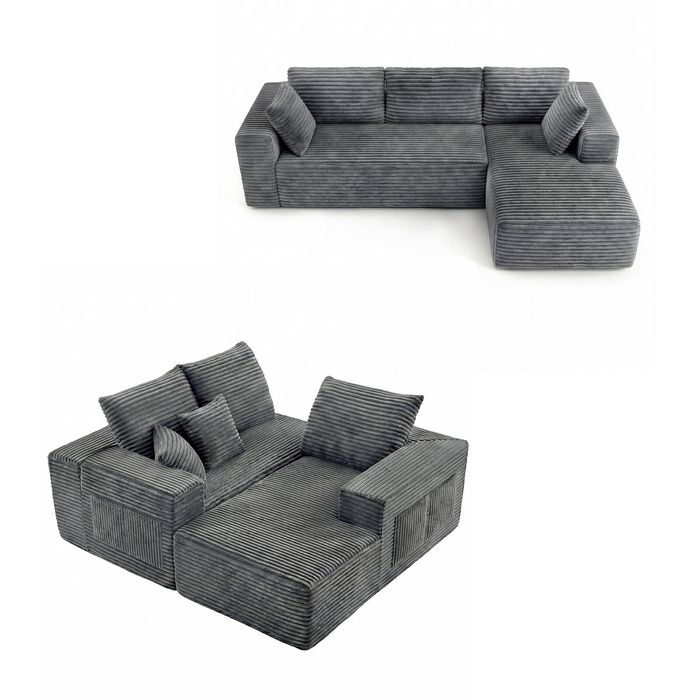 Ufurniture 277cm 3 Seater Sofa W/ Large Recliner No Assembly Corduroy Compressed Sofa Floor Lounge Couch Grey